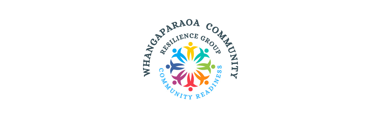 The words 'Whangaparāoa Community' in black text circling the words 'Reslience Group' in black text and 'Community Readiness' in blue text, and a group of stick figures in different colours in a circle at the centre of the logo.